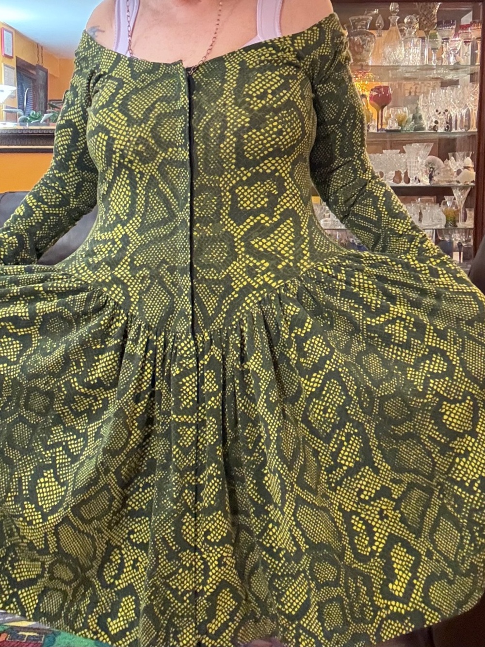 Betsey Johnson Vintage Green Snake Dress Stretch Off Shoulder Pockets USA